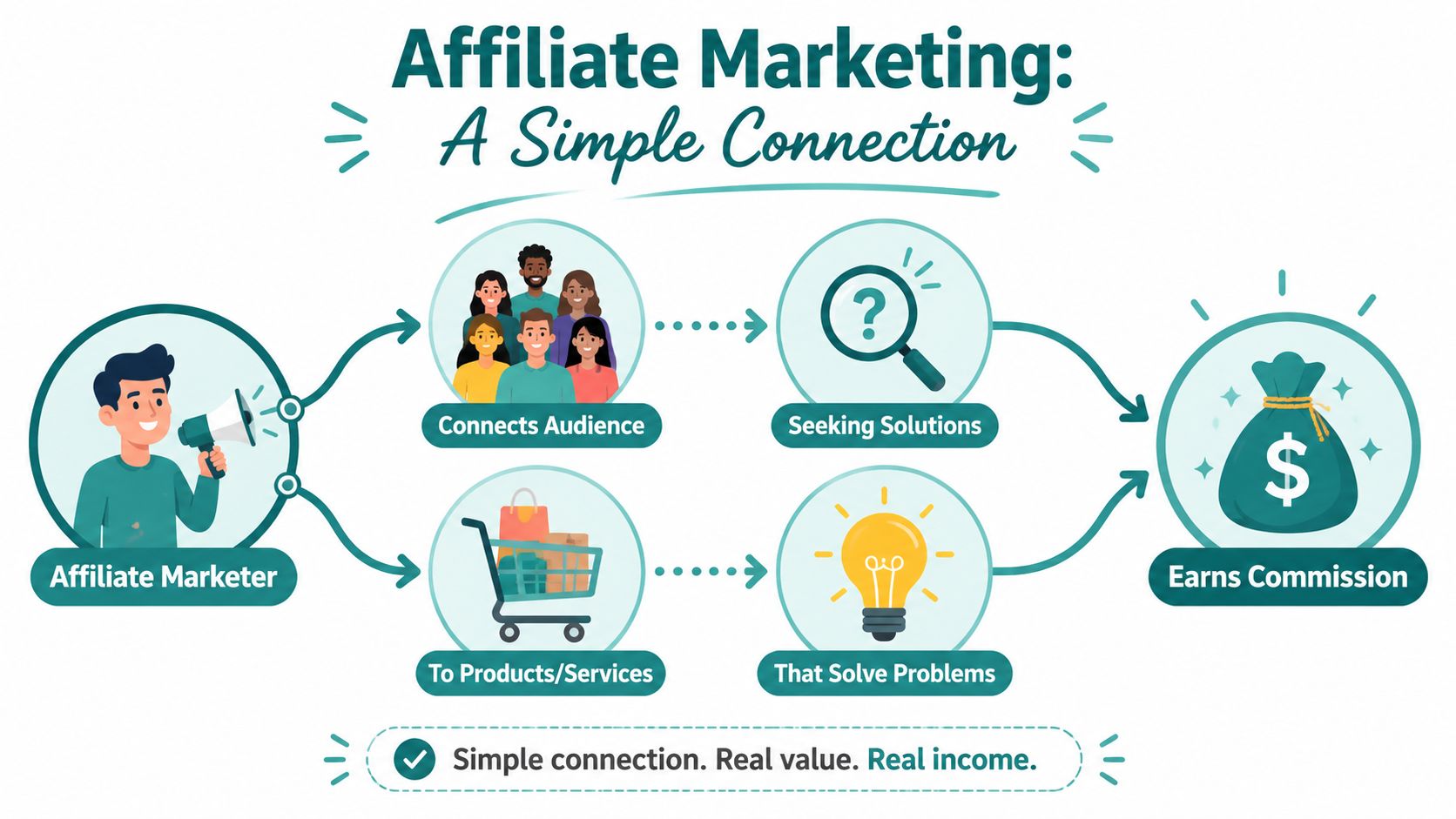 An infographic illustrating how an affiliate marketer connects audiences with product solutions to earn commissions.