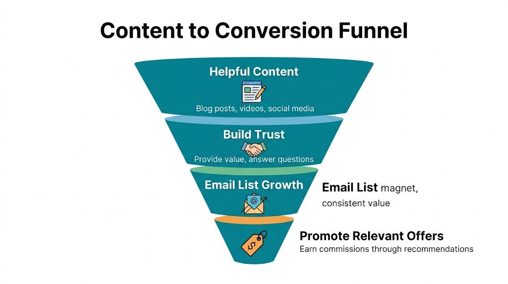 A funnel diagram illustrating the steps from creating helpful content to promoting affiliate offers for conversions.