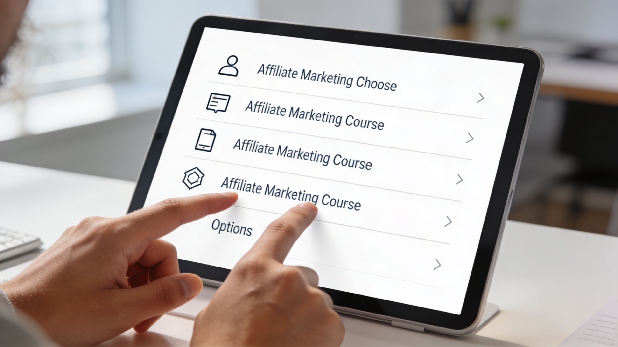 A person using a tablet screen displaying a list of options for an <a rel=