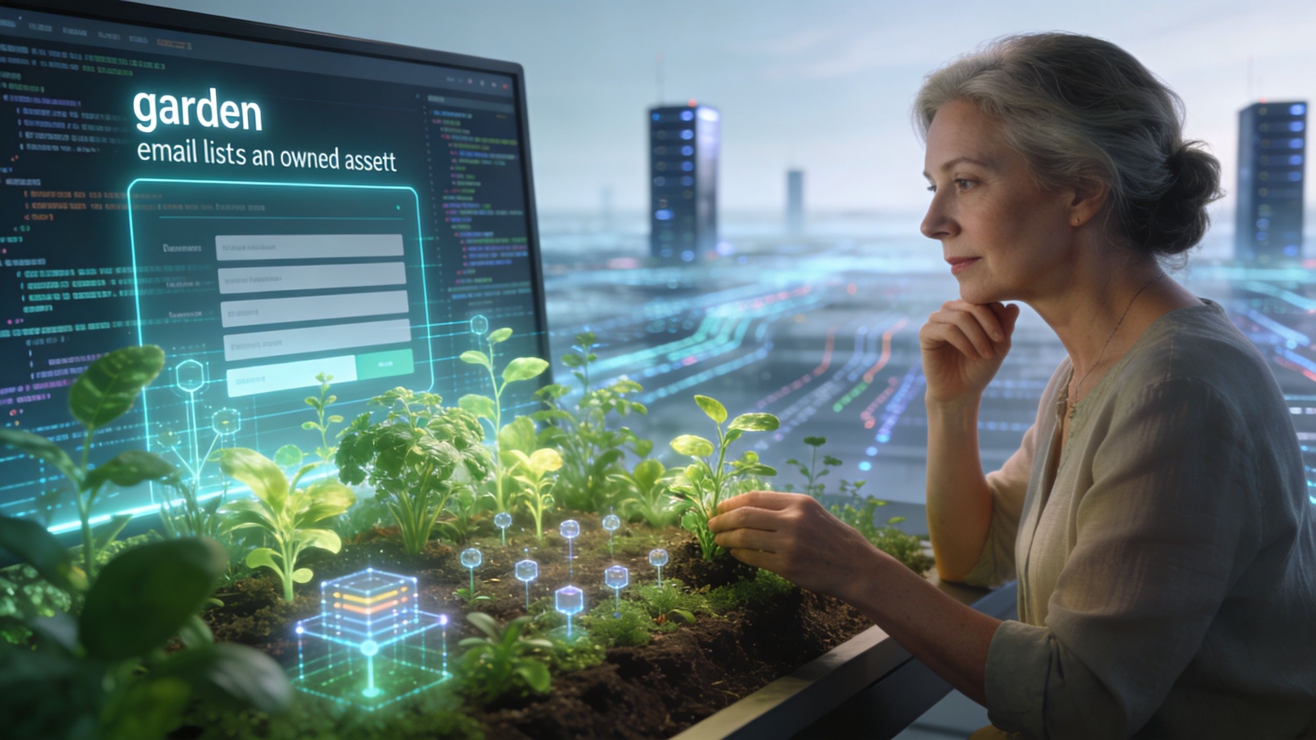 A woman tending to digital plants in an indoor garden with data visualizations on a computer screen.