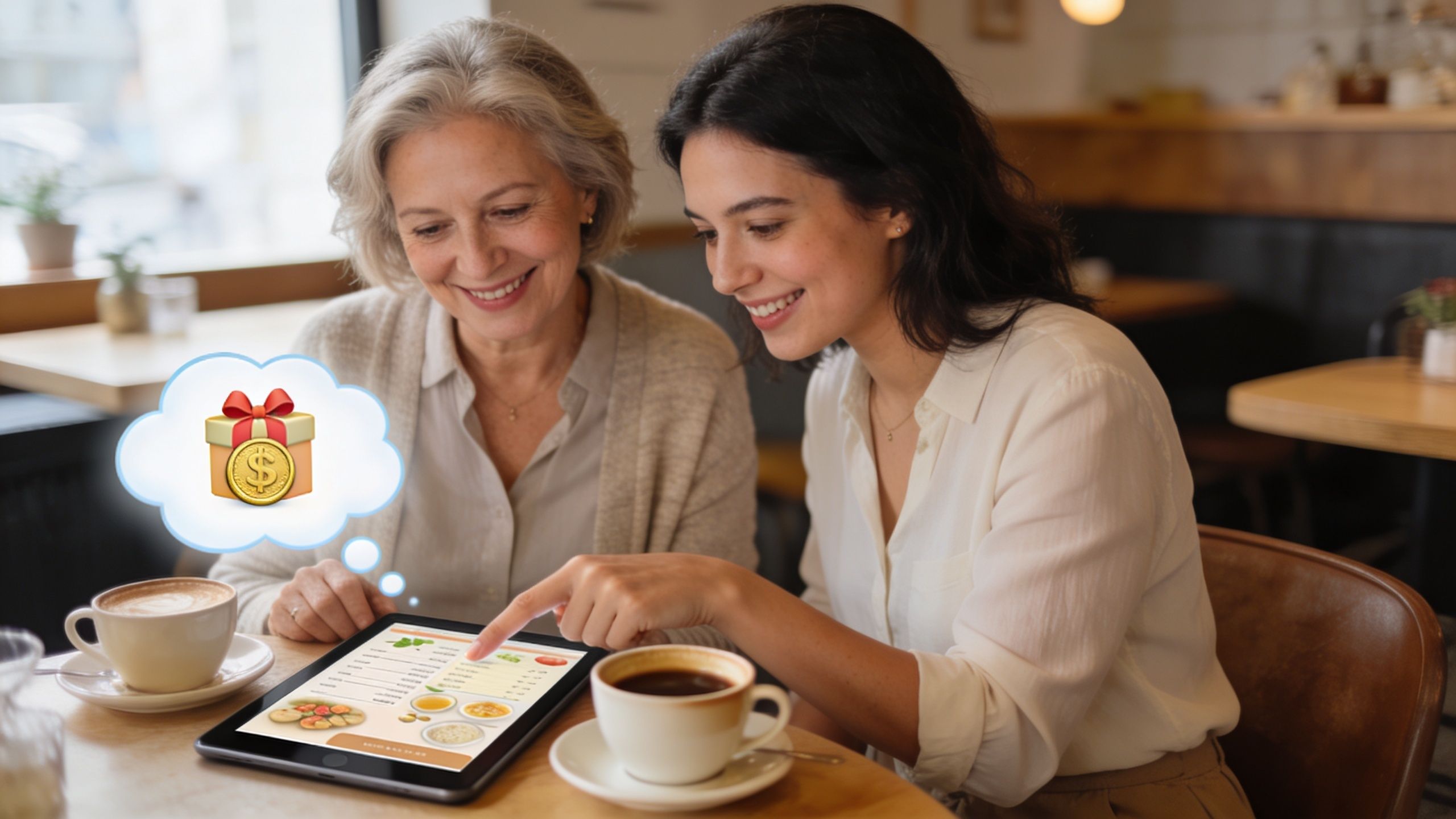 A smiling woman and her mother looking at a tablet together in a cafe
