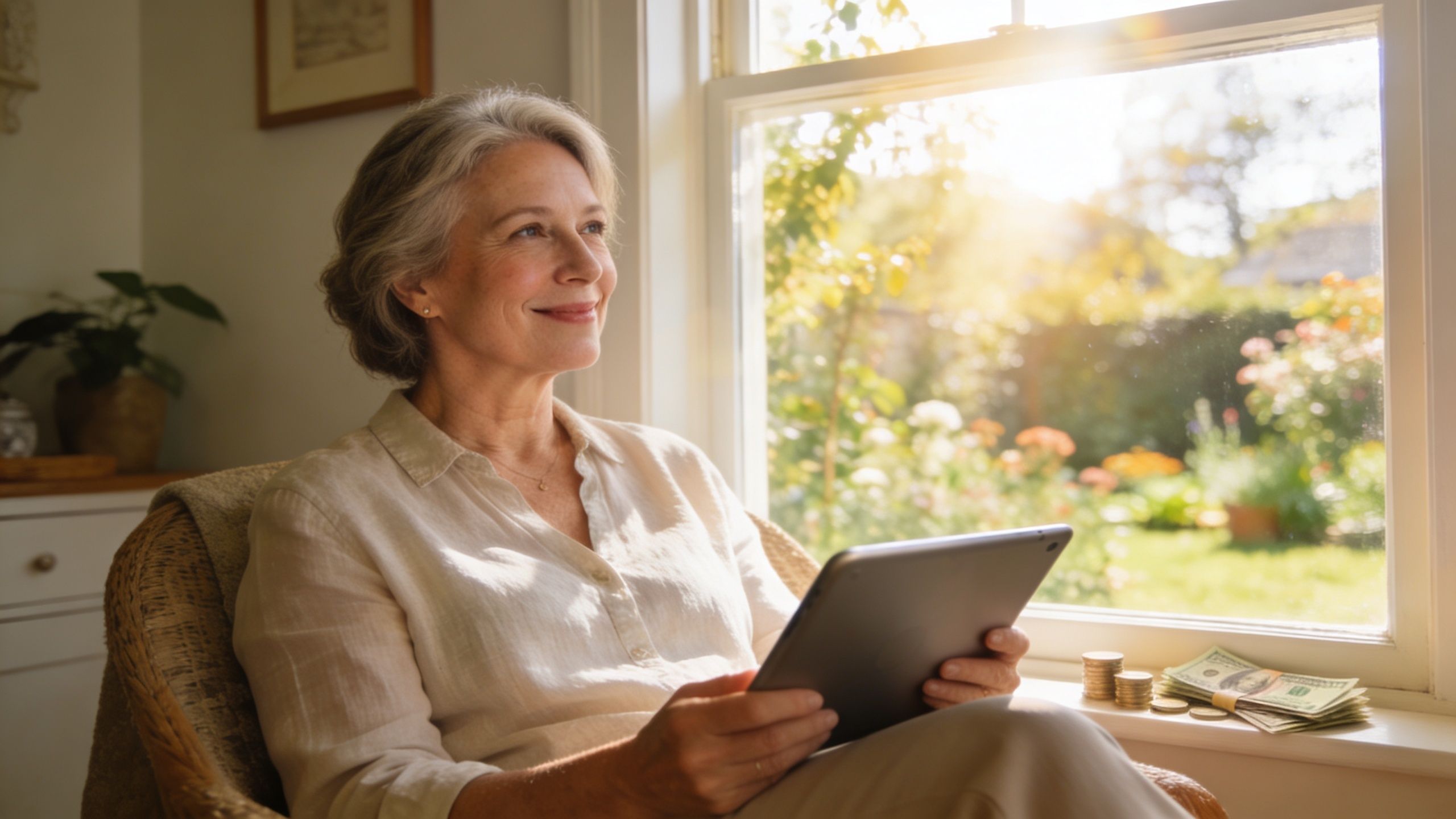 A smiling mature woman sits by a sunlit window holding a tablet with money on the windowsill.