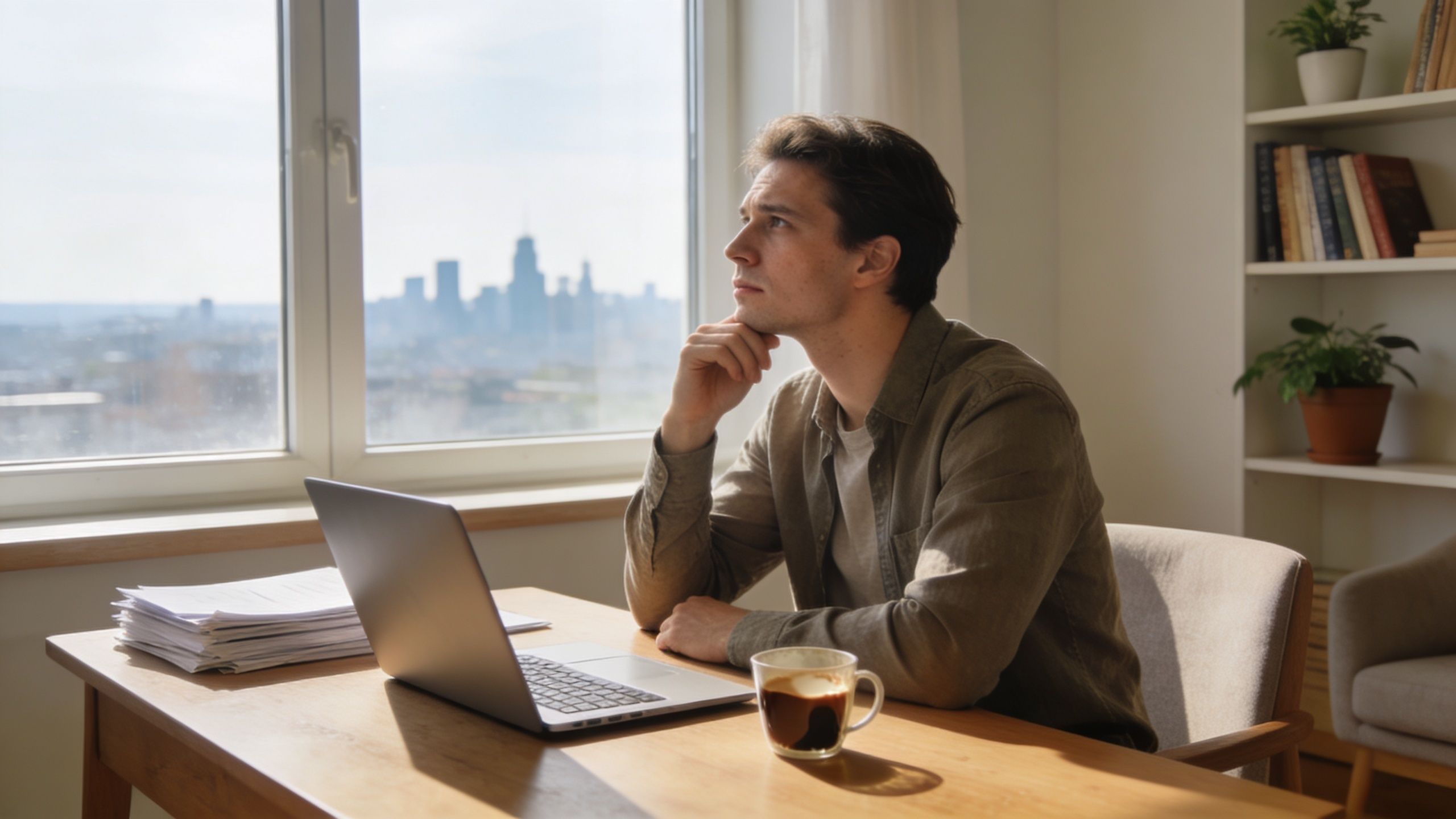 A thoughtful young man sitting at his wooden desk with a laptop and coffee, looking out the window.