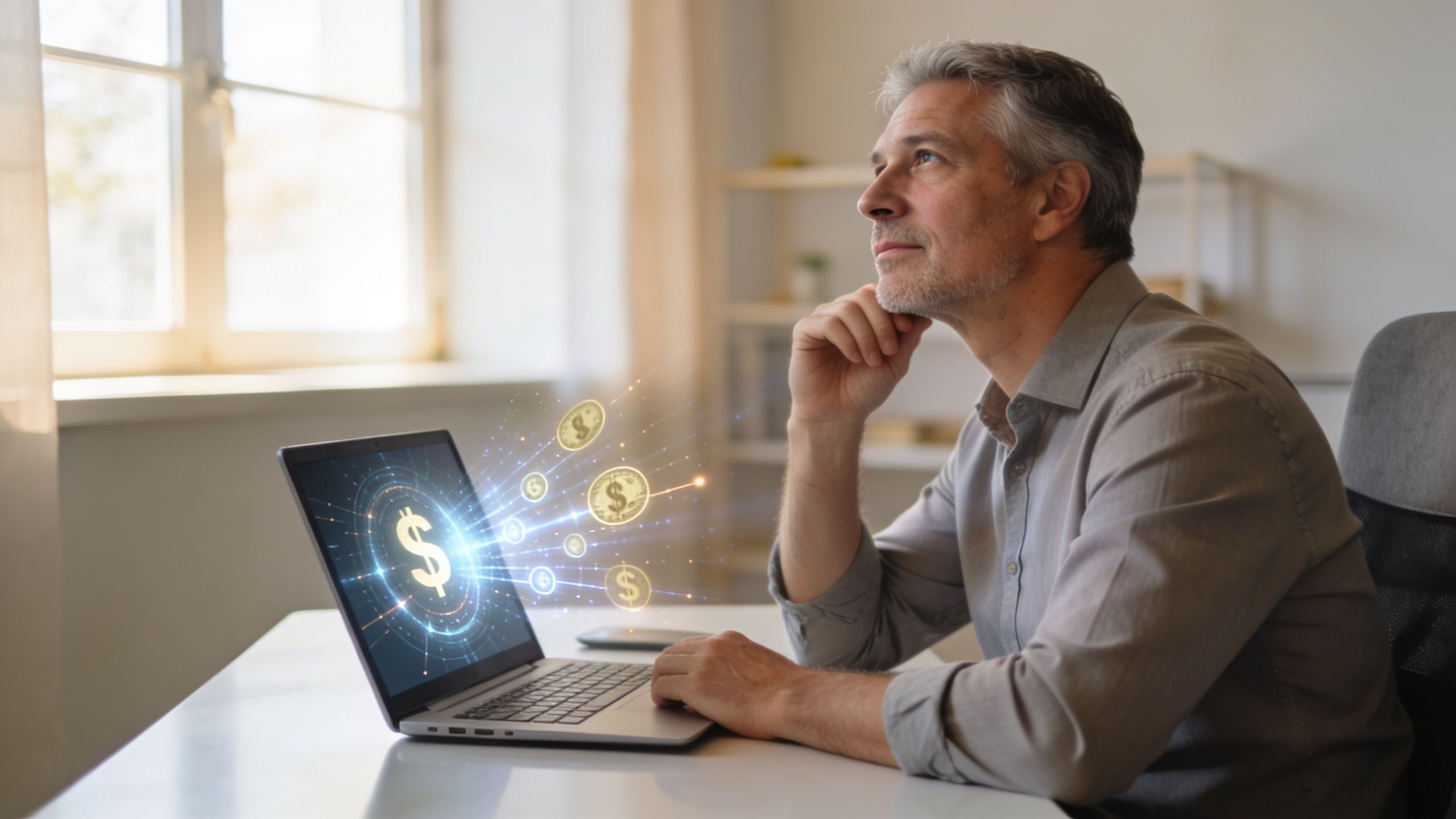 A professional man sitting at a desk with a laptop displaying digital currency symbols and financial data.