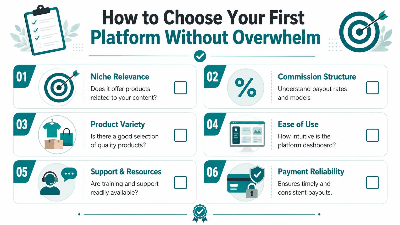 An infographic titled How to Choose Your First Platform Without Overwhelm listing six key factors for selection.