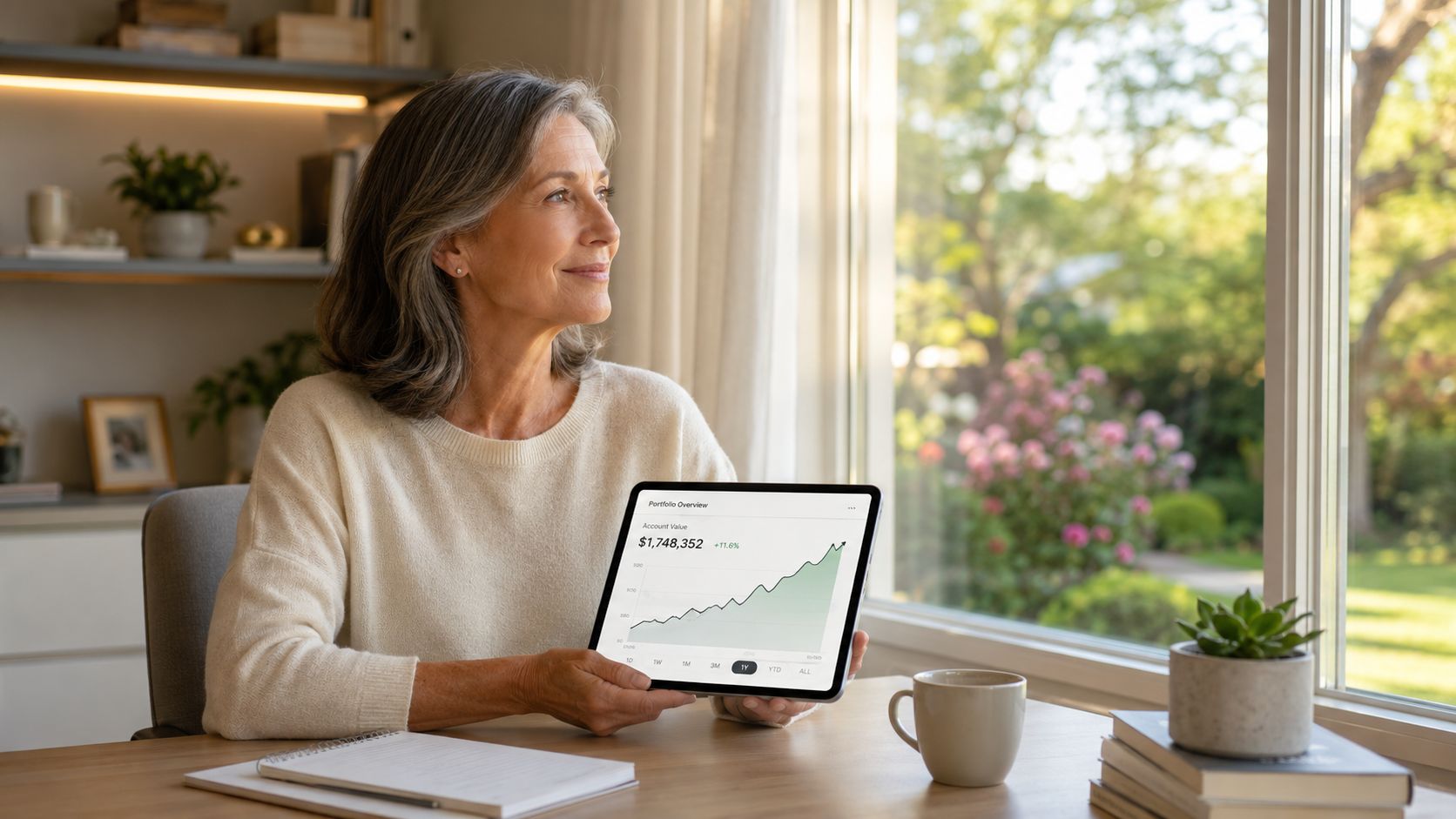 A happy senior woman sitting by a window, holding a tablet displaying a growing financial investment portfolio.