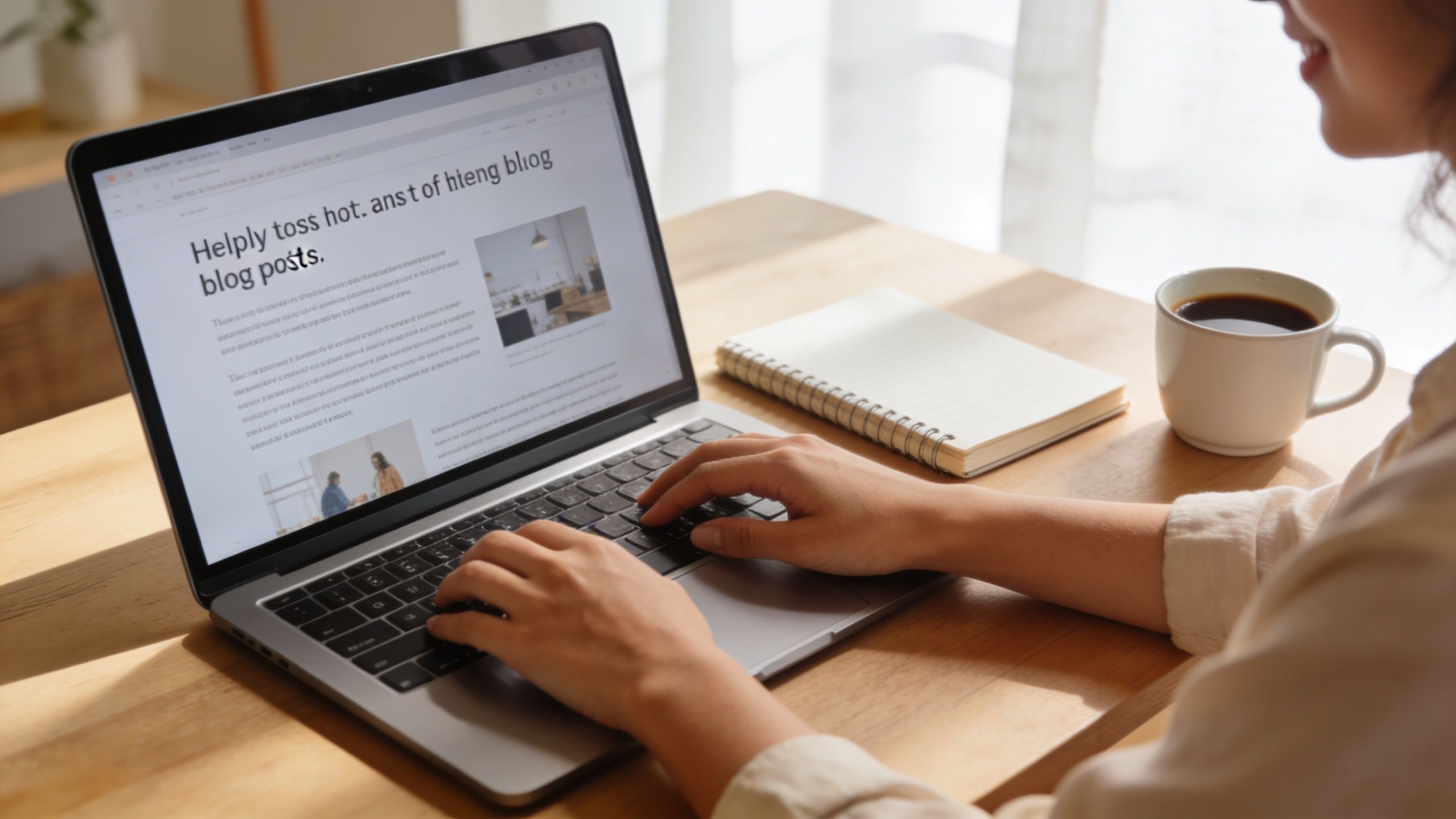 A person typing on a laptop computer while sitting at a wooden desk with a cup of coffee.