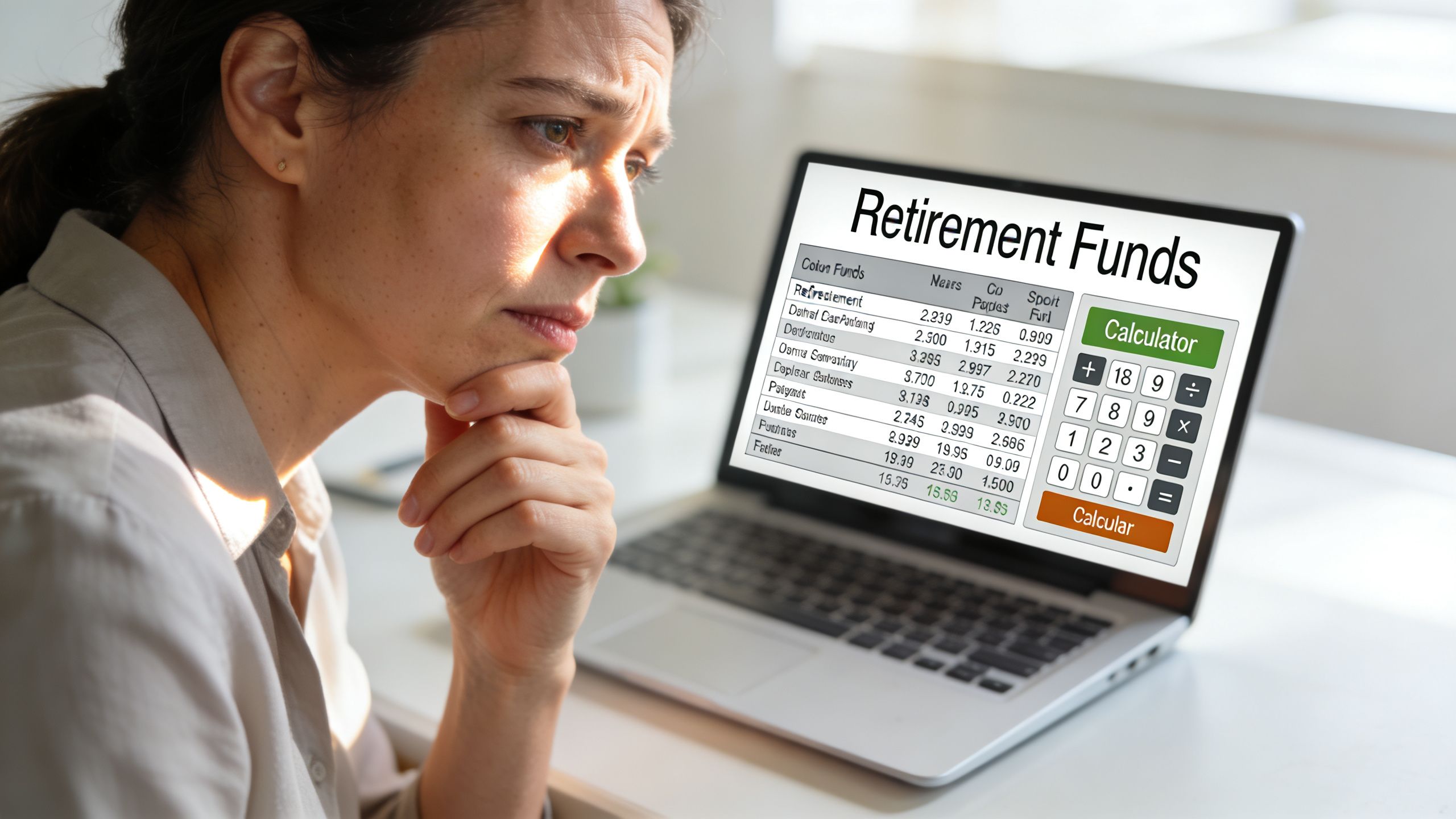 A concerned woman sitting at a desk looking at a laptop screen displaying <a rel=