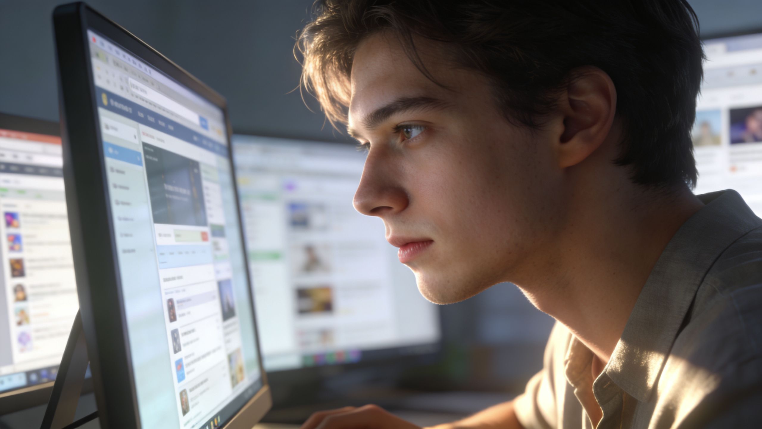 A young man intensely focusing on a computer screen while working on <a rel=