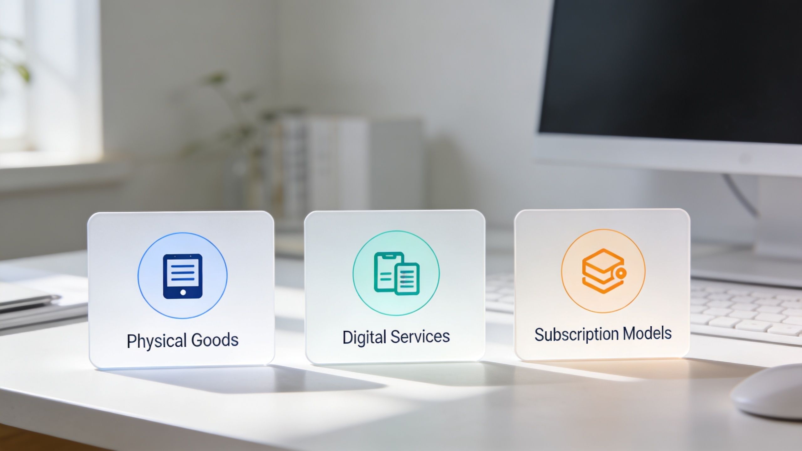 Three translucent icons on a desk representing physical goods, digital services, and subscription models for e-commerce.