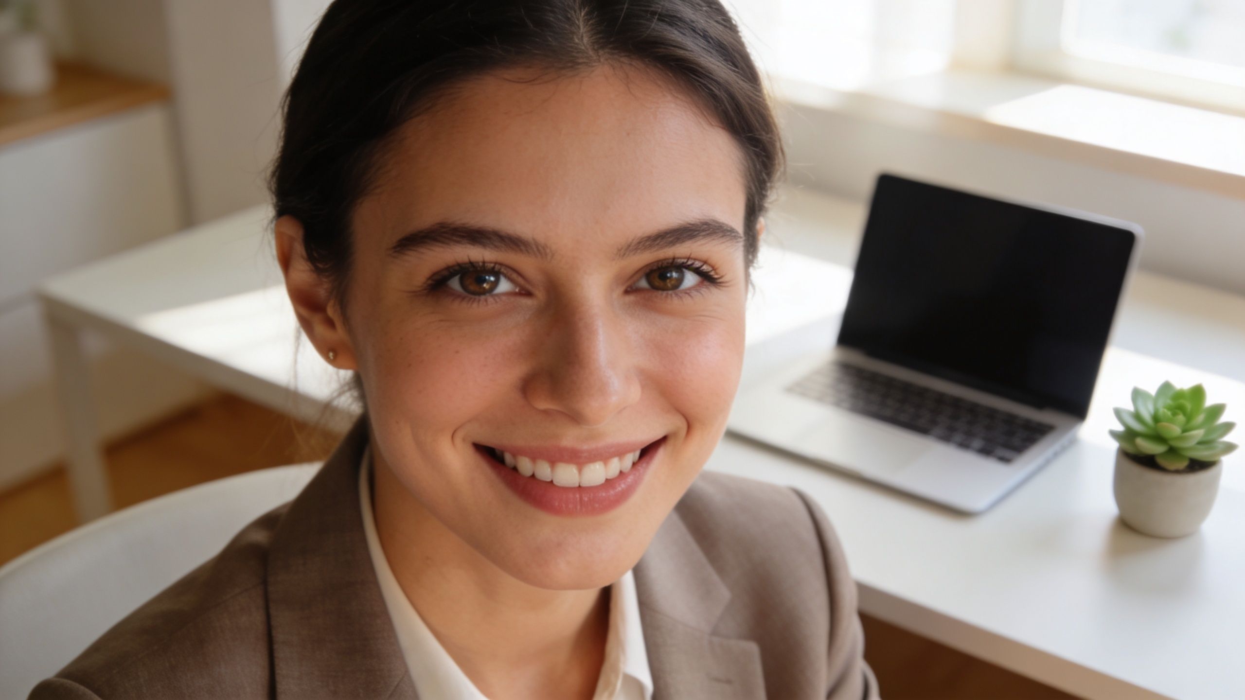 A professional young woman smiling confidently while sitting at her clean desk in a modern office.