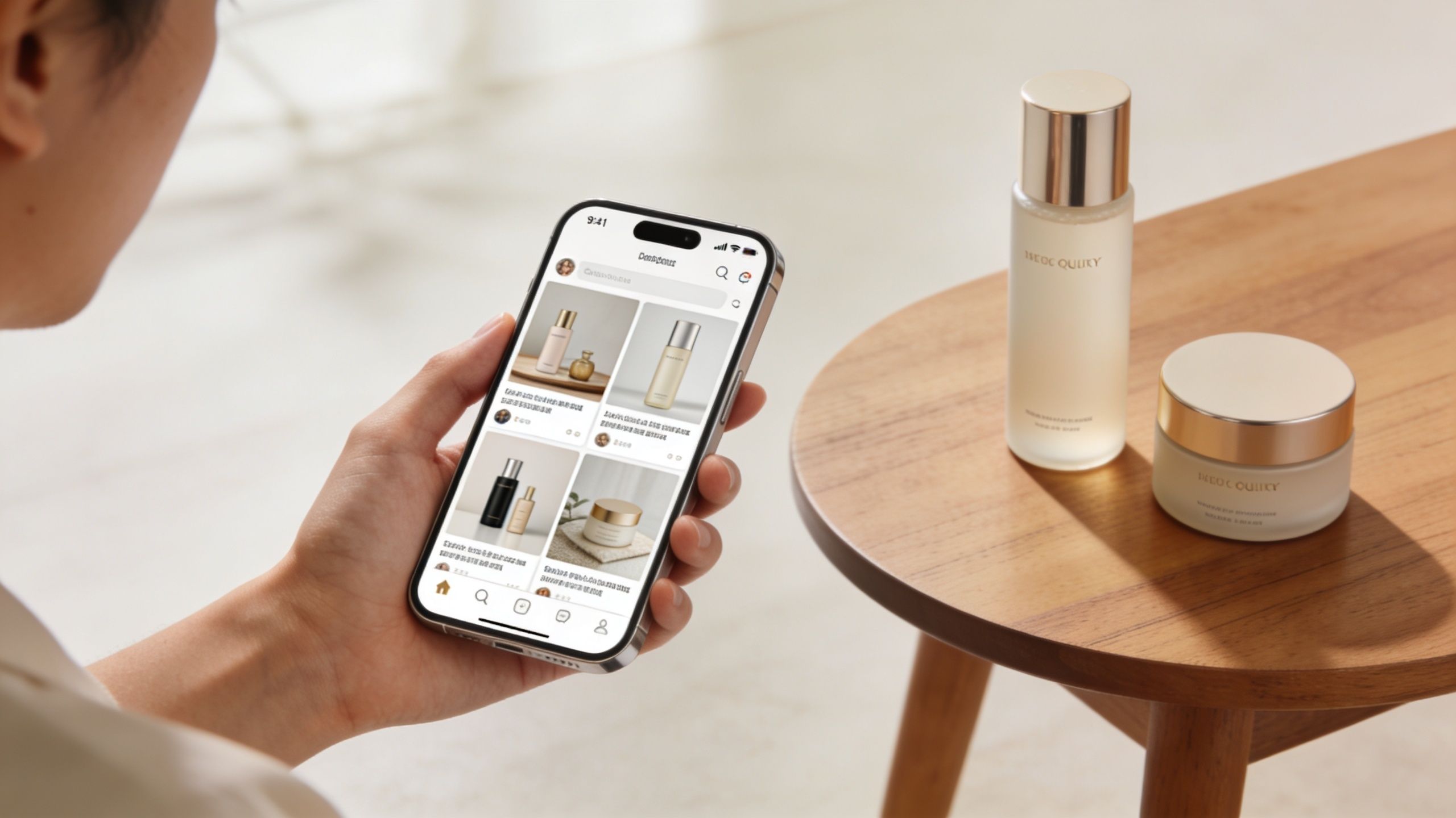 A person holding a smartphone showing a shopping app interface next to skincare products on a wooden table.