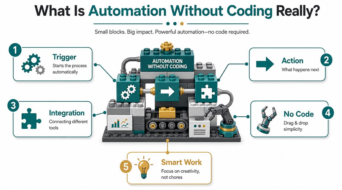 An infographic illustration using toy blocks to explain the concept of automation without coding.