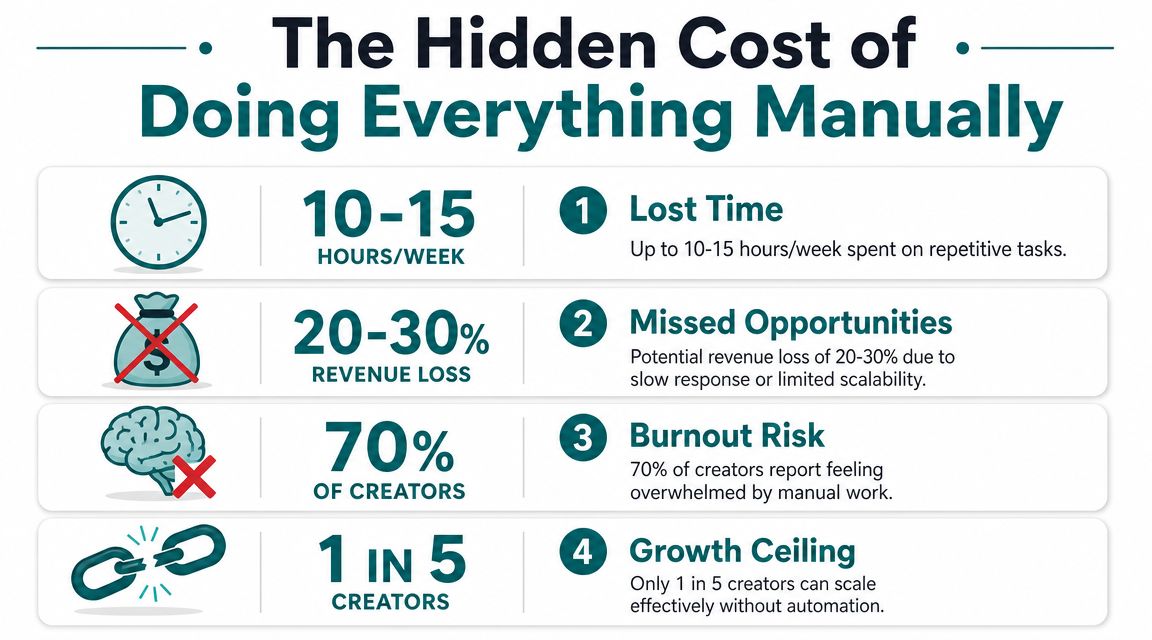 An infographic detailing the hidden costs of manual work for creators, including lost time and missed revenue.