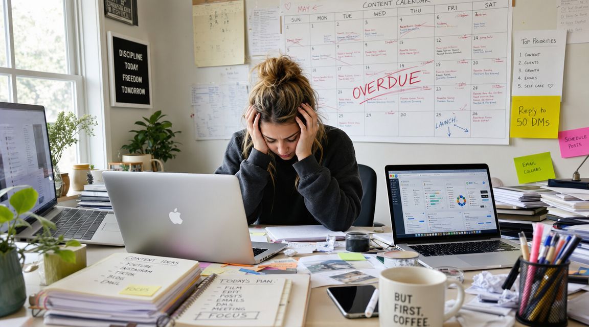 A stressed young woman sitting at a messy desk with computers, calendars, and notes, feeling overwhelmed by work.