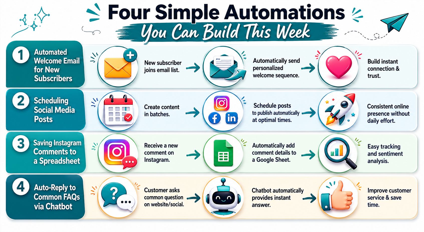 An infographic titled Four Simple Automations You Can Build This Week showing four automation workflows.