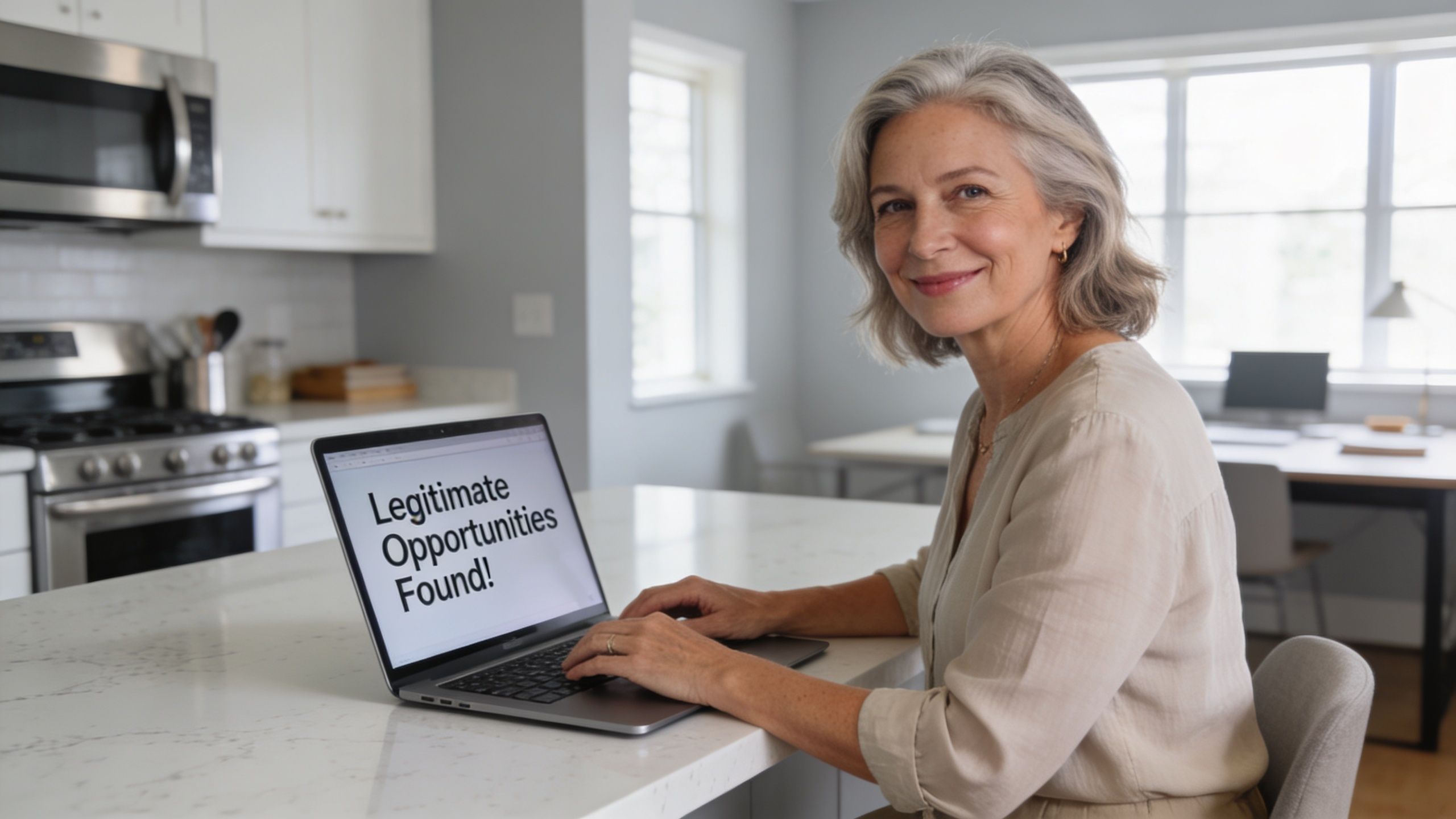 A middle-aged woman smiling while using a laptop at her kitchen island, displaying legitimate work opportunities.