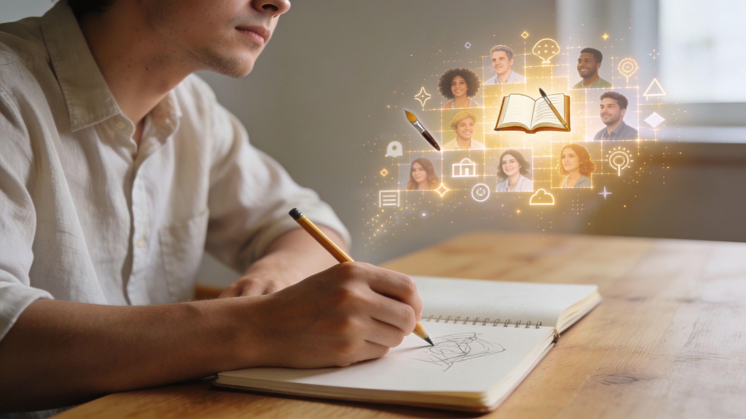 A young man sketching in a notebook with holographic social and educational icons floating above it.