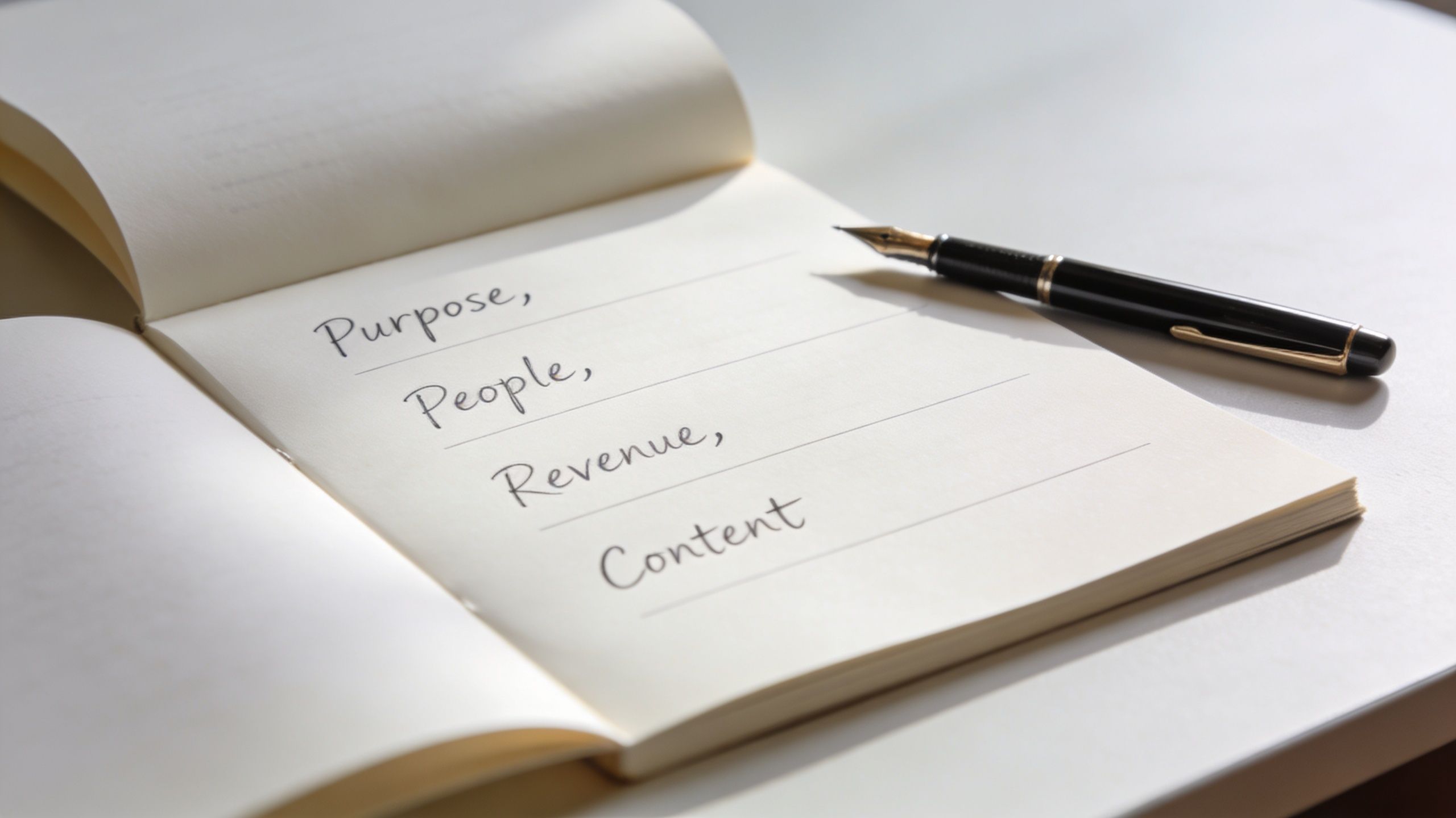 A fountain pen lying on an open notebook displaying a list including purpose, people, revenue, and content.