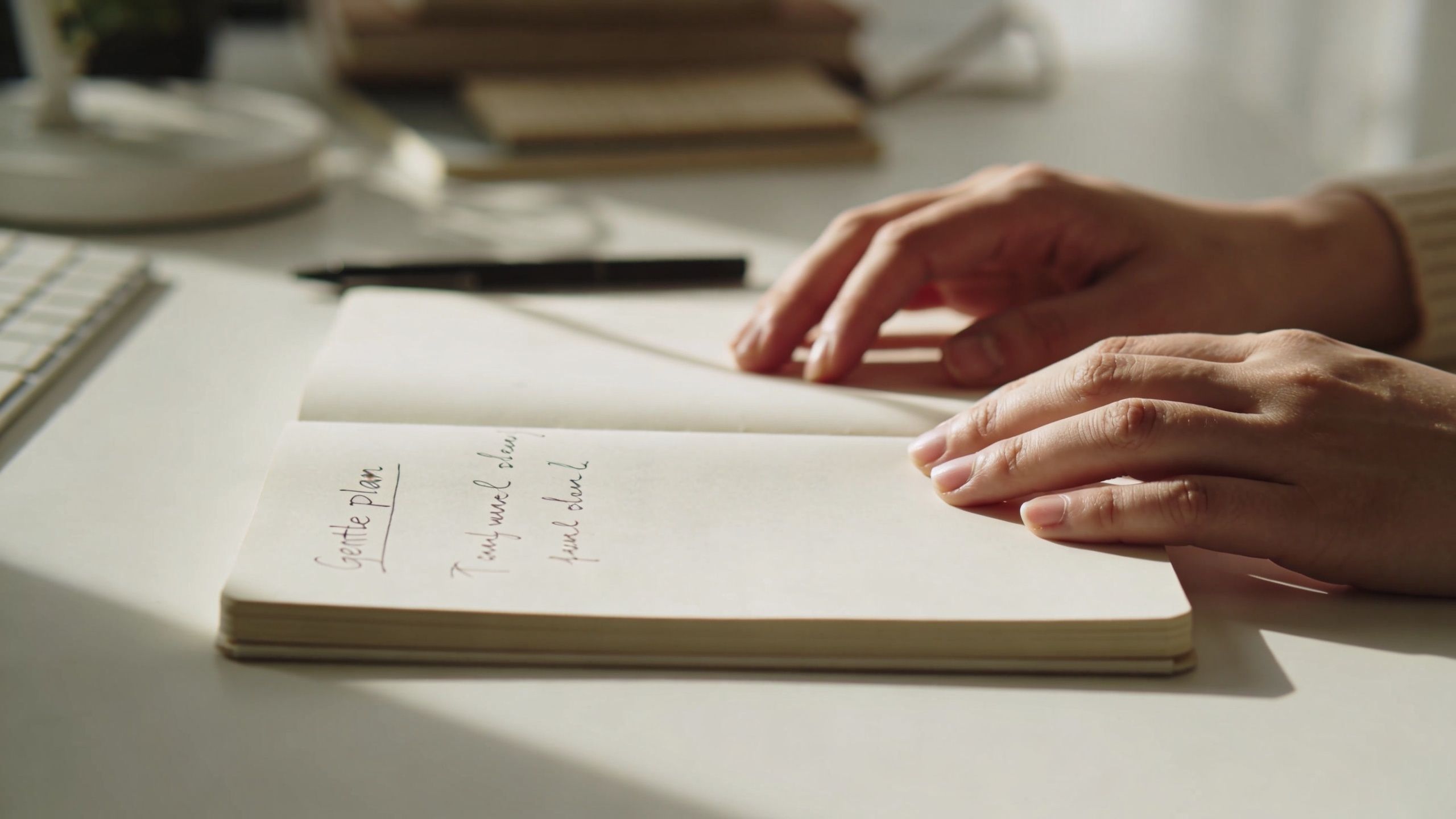 A person writing a gentle business plan in a notebook on a sunny desk at home
