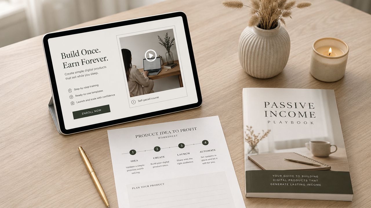 A tablet, a worksheet, and a guidebook on a wooden table for digital product creators.