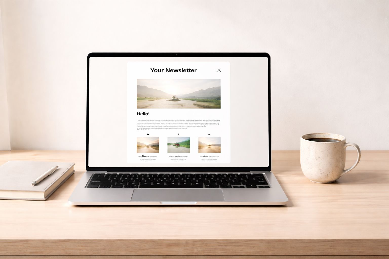 A modern laptop displaying a newsletter on a wooden desk with a notebook and coffee mug.