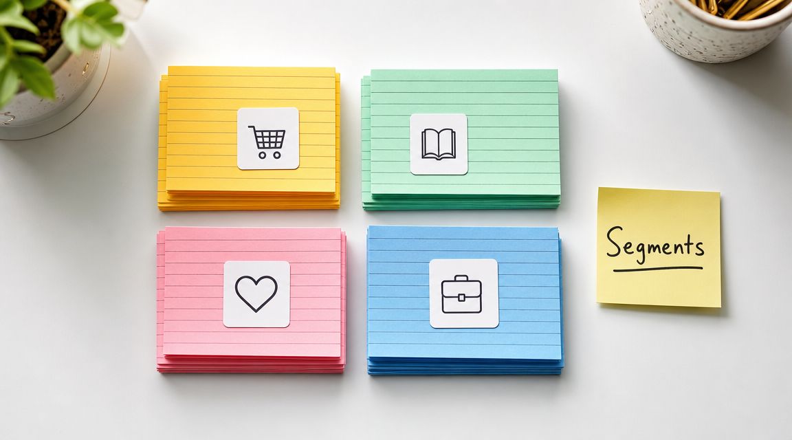 Four stacks of colored index cards topped with icons next to a note reading Segments on a table.