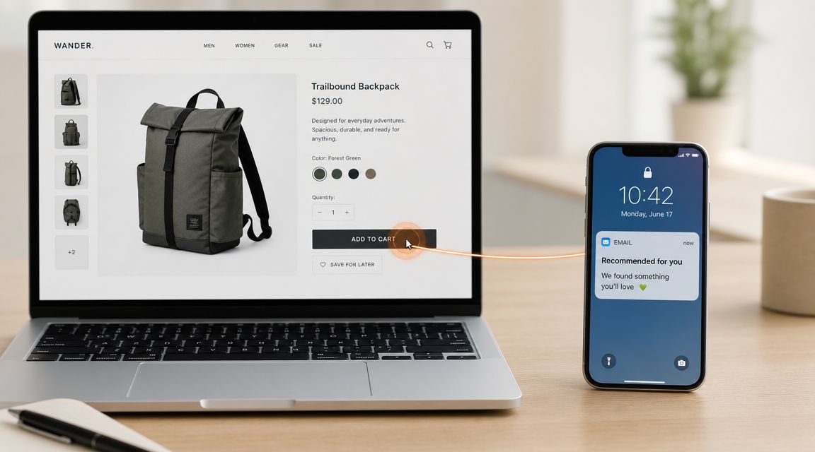A laptop displaying a backpack product page connected by a graphic line to an email notification on a smartphone.