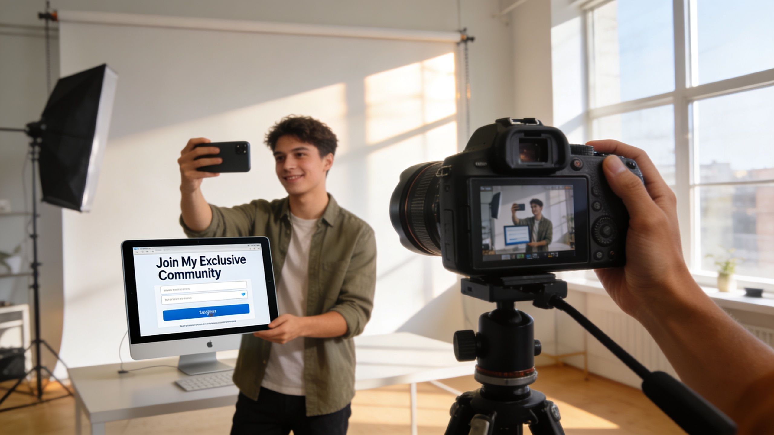 A young man recording a video for his exclusive online community while filming with a camera.