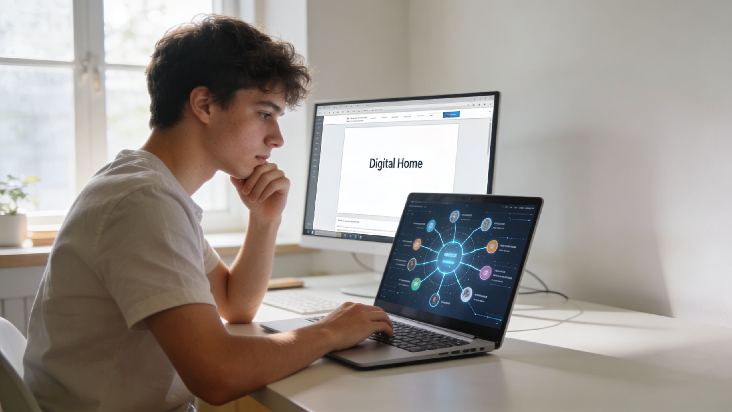 A young man sitting at a desk, looking thoughtfully at a laptop screen displaying a network diagram.