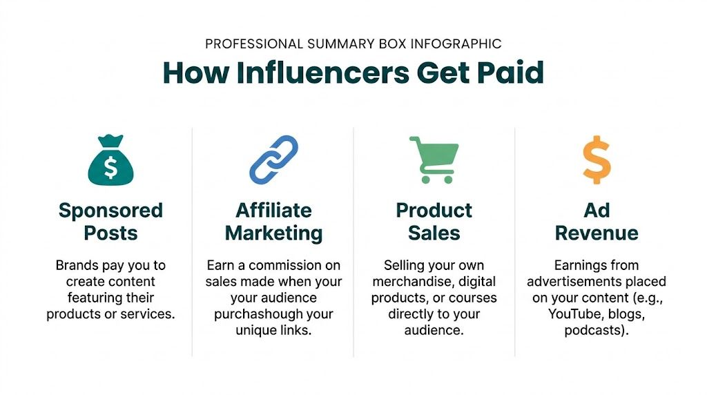 An infographic titled How Influencers Get Paid, listing four ways creators earn money through digital platforms.