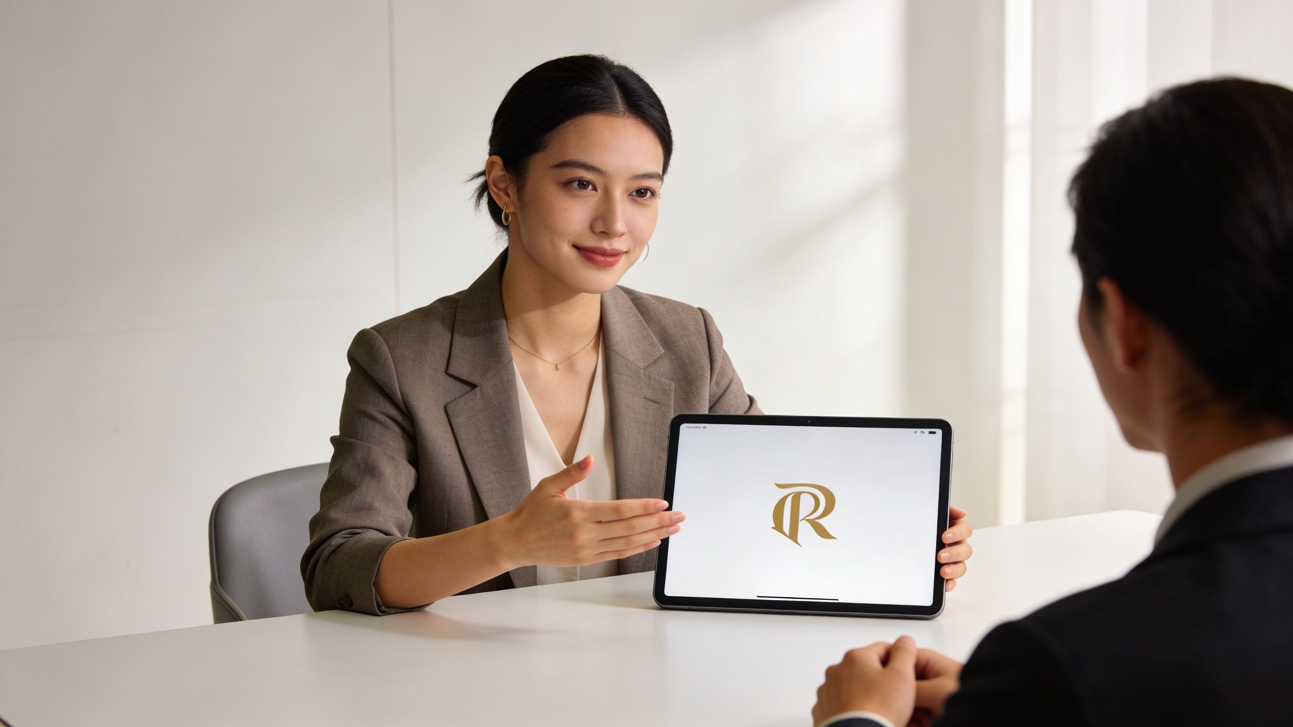 A professional woman in a blazer presents a business logo on a tablet during a meeting.