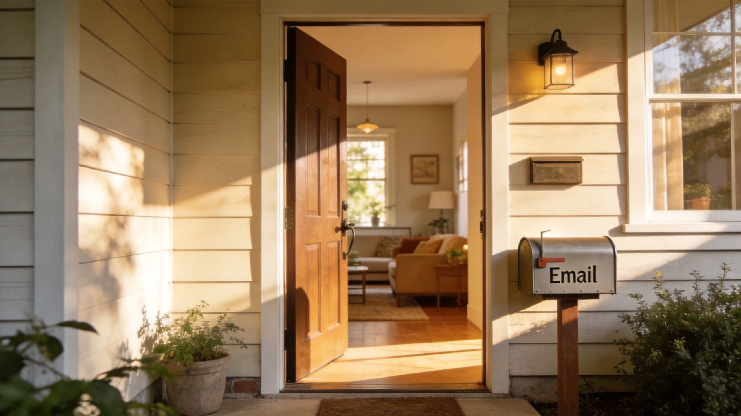 A warm, sunlit view of an open house front door with a mailbox labeled Email nearby.