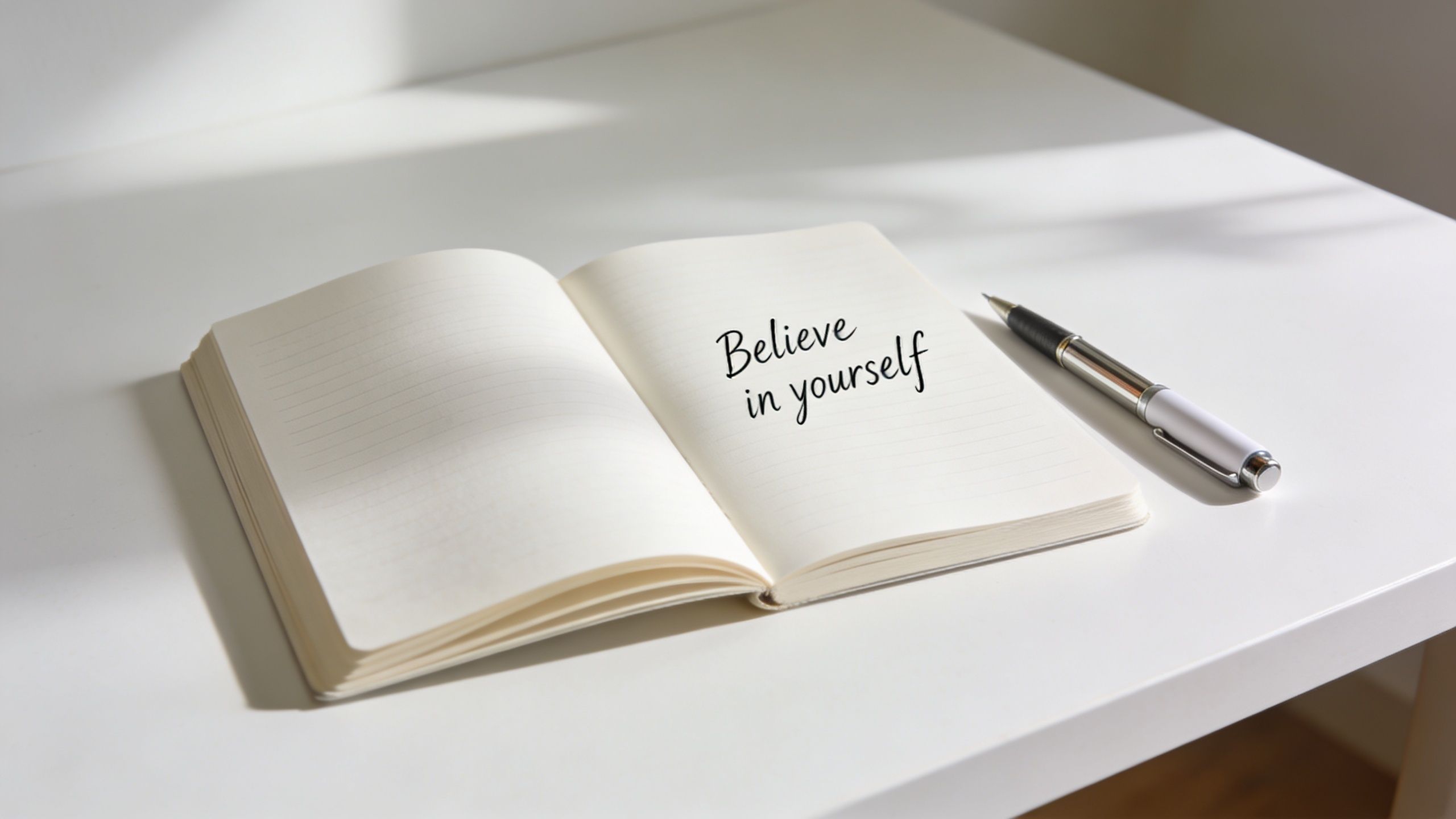 An open notebook with the text Believe in yourself written inside, accompanied by a pen on a table.
