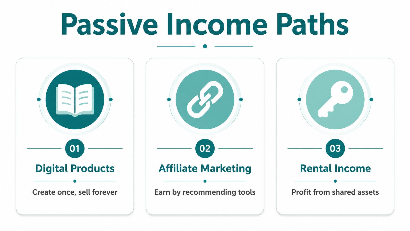 A graphic illustration showcasing three paths to passive income including digital products, <a rel=