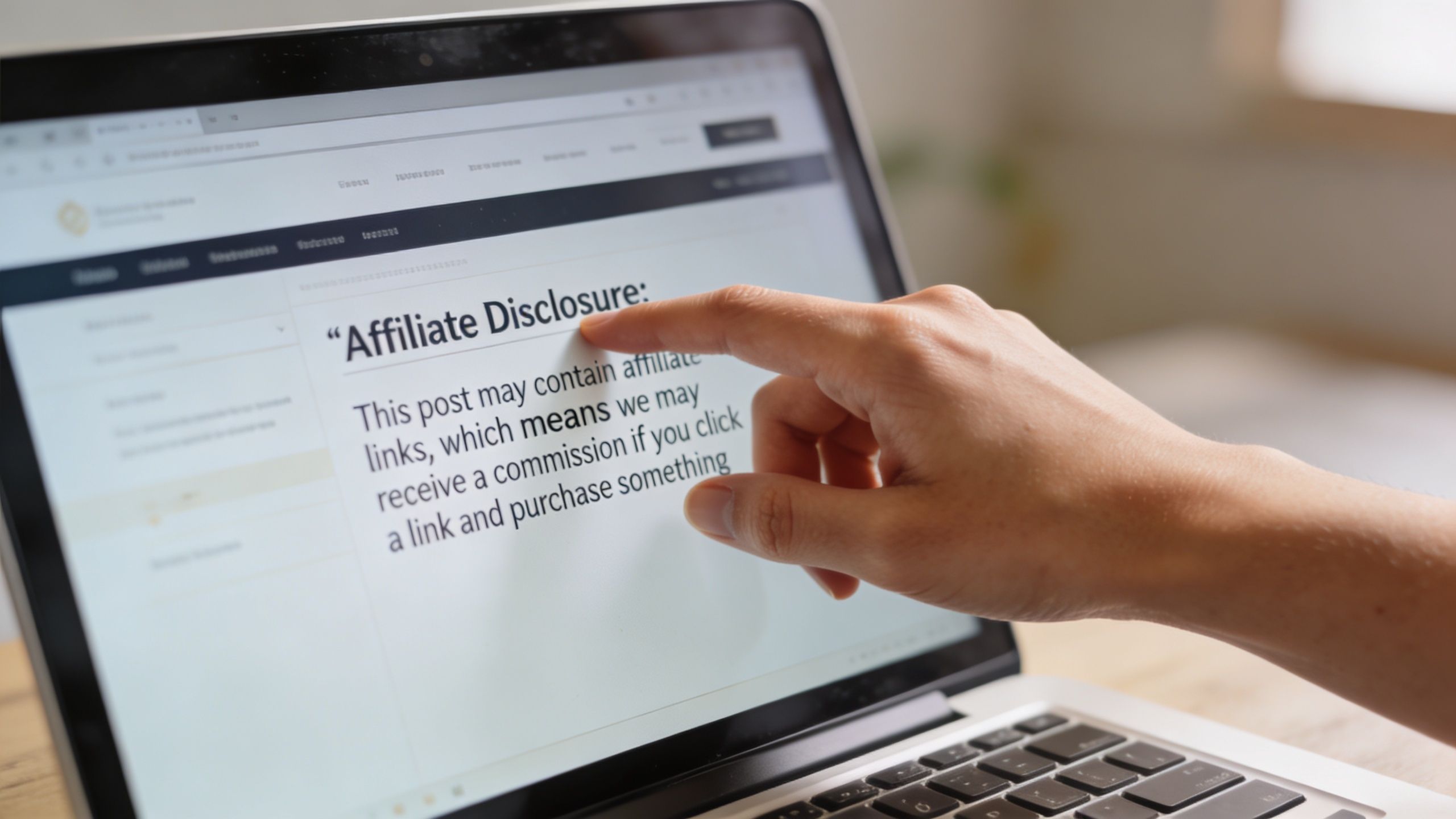 A close-up view of a person pointing at an affiliate disclosure notice on a laptop screen.