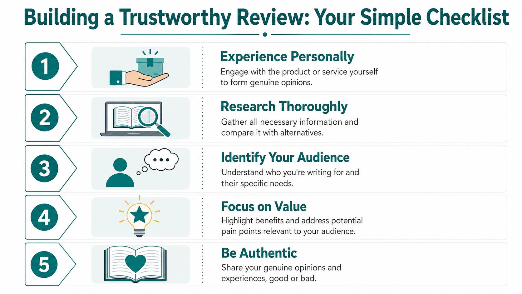 A five-step checklist infographic for creating trustworthy product reviews to guide content creators and affiliate marketers.