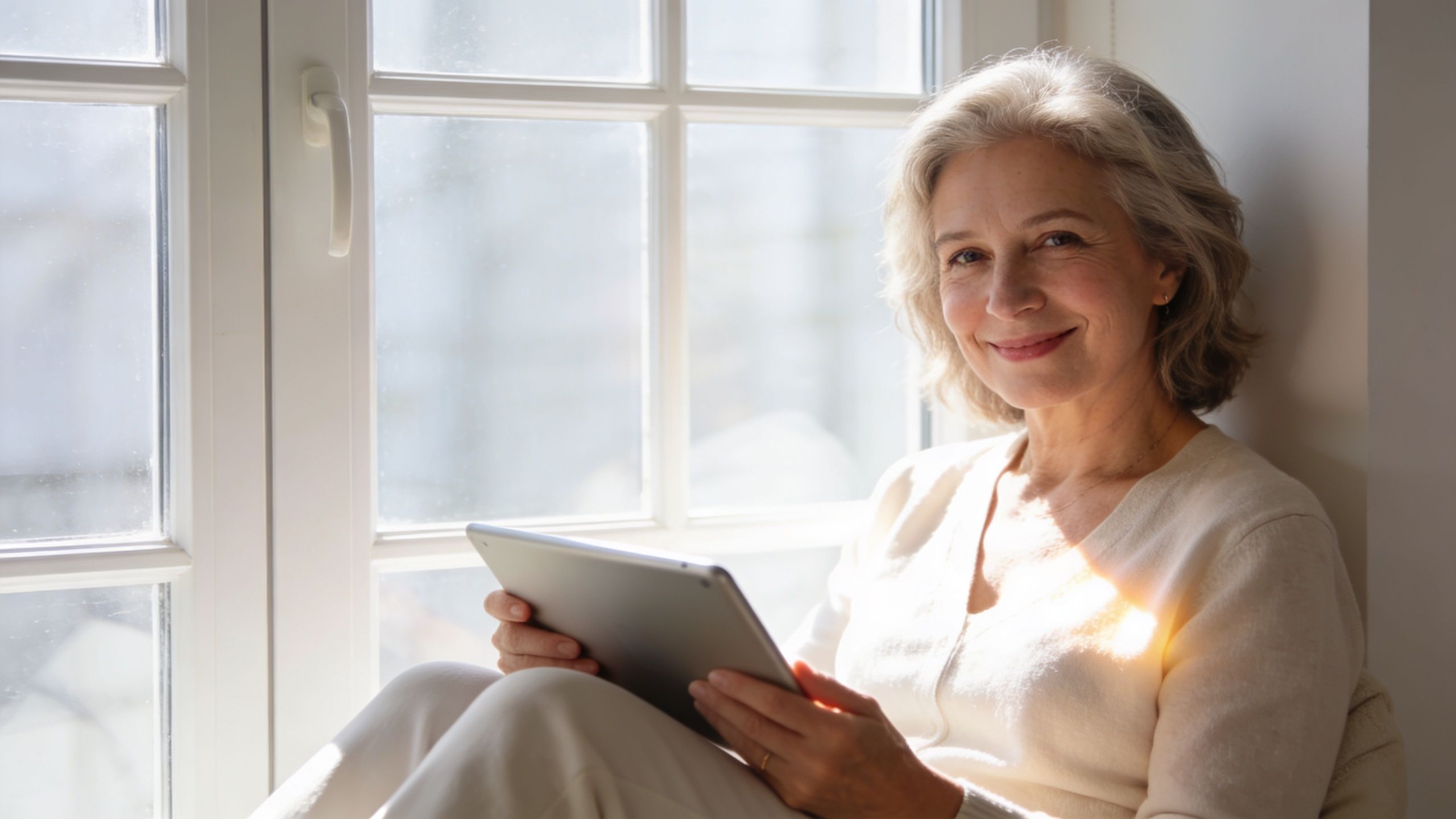 A middle-aged woman with grey hair sitting by a window, smiling while holding a tablet computer.