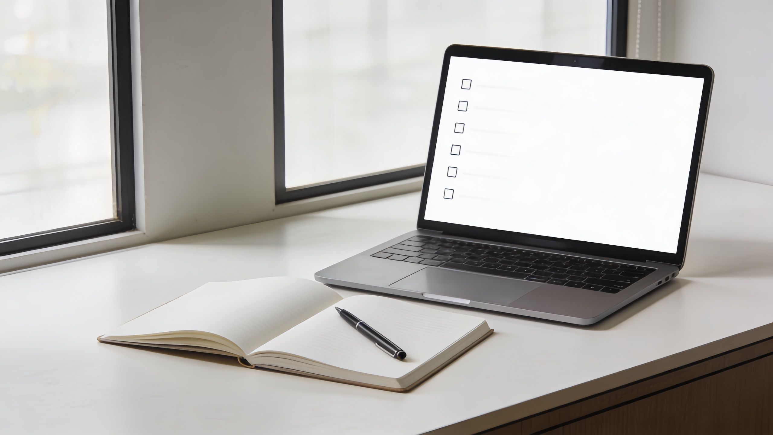 A modern laptop with a blank checklist on screen sits next to an open notebook and pen.