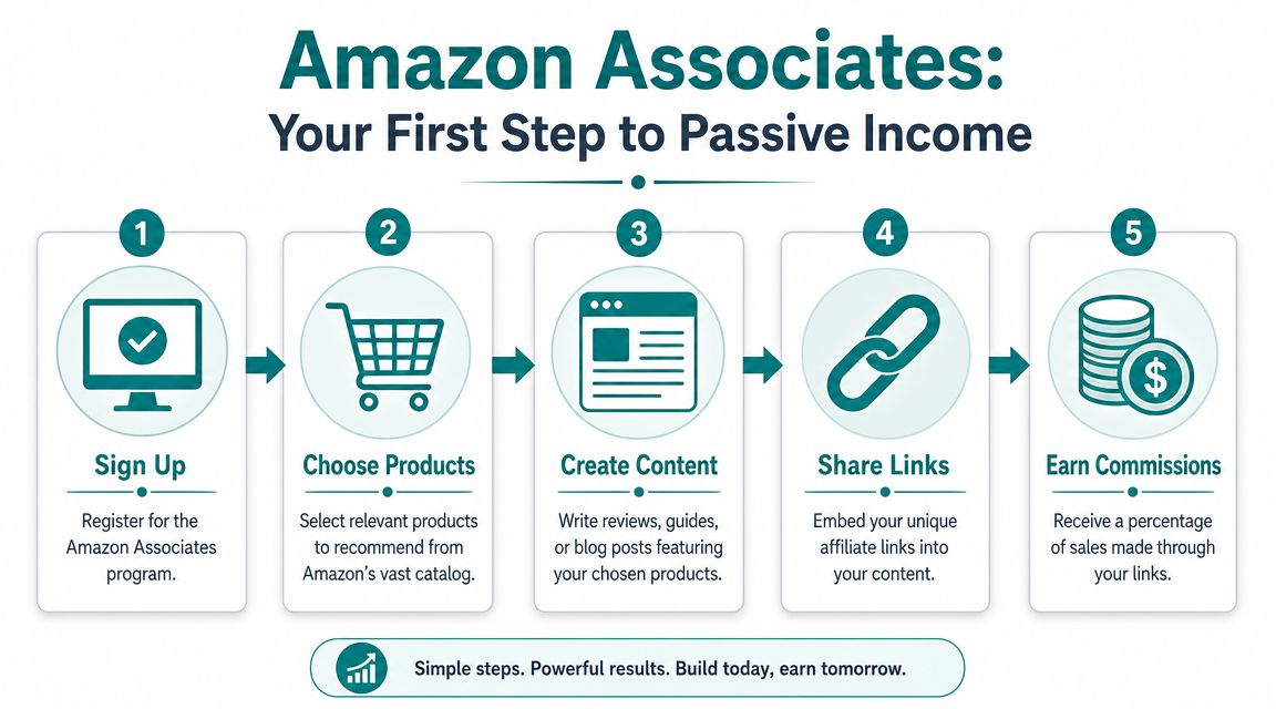 A five-step infographic showing how to earn passive income through the Amazon Associates affiliate program.
