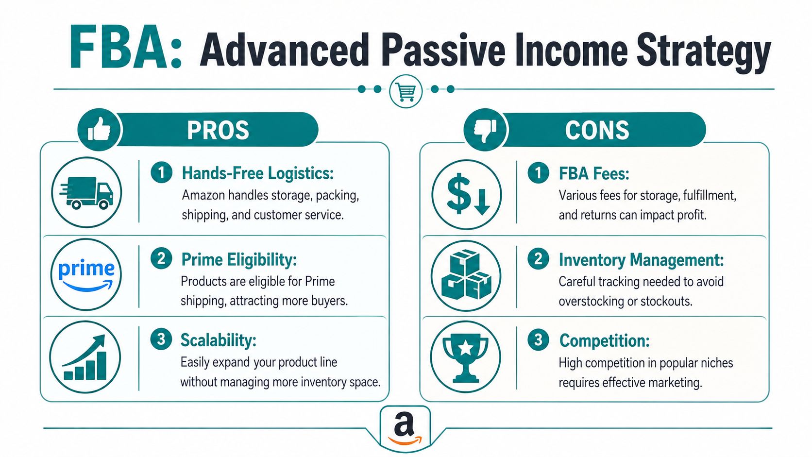 An infographic summarizing the pros and cons of using the Amazon FBA business model for sellers.