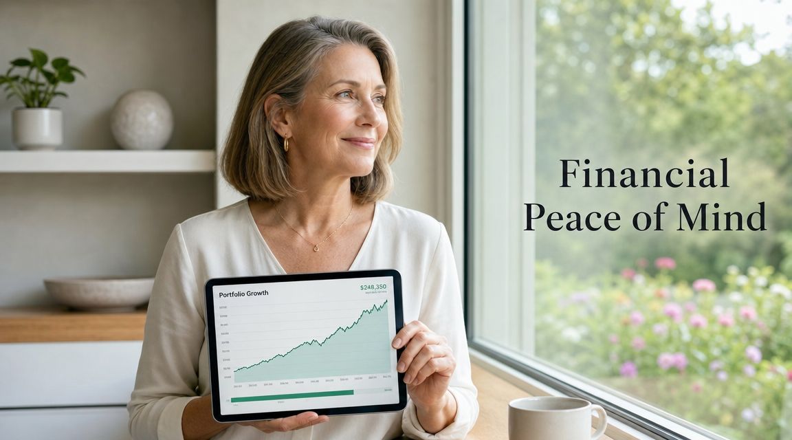 A serene woman holding a tablet showing portfolio growth while looking out a bright window.
