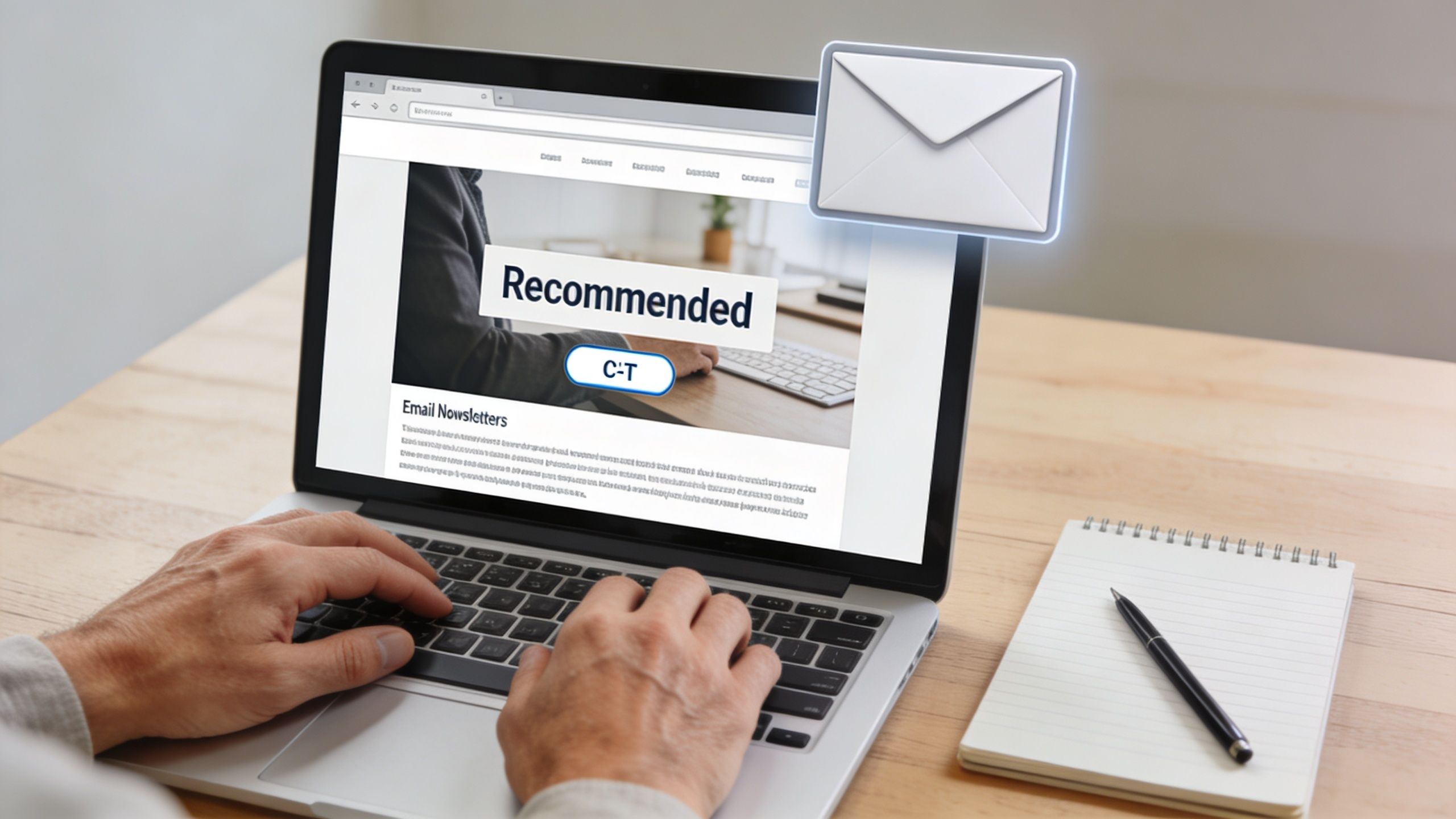 A person working on a laptop computer with an email newsletter notification displayed on the screen.