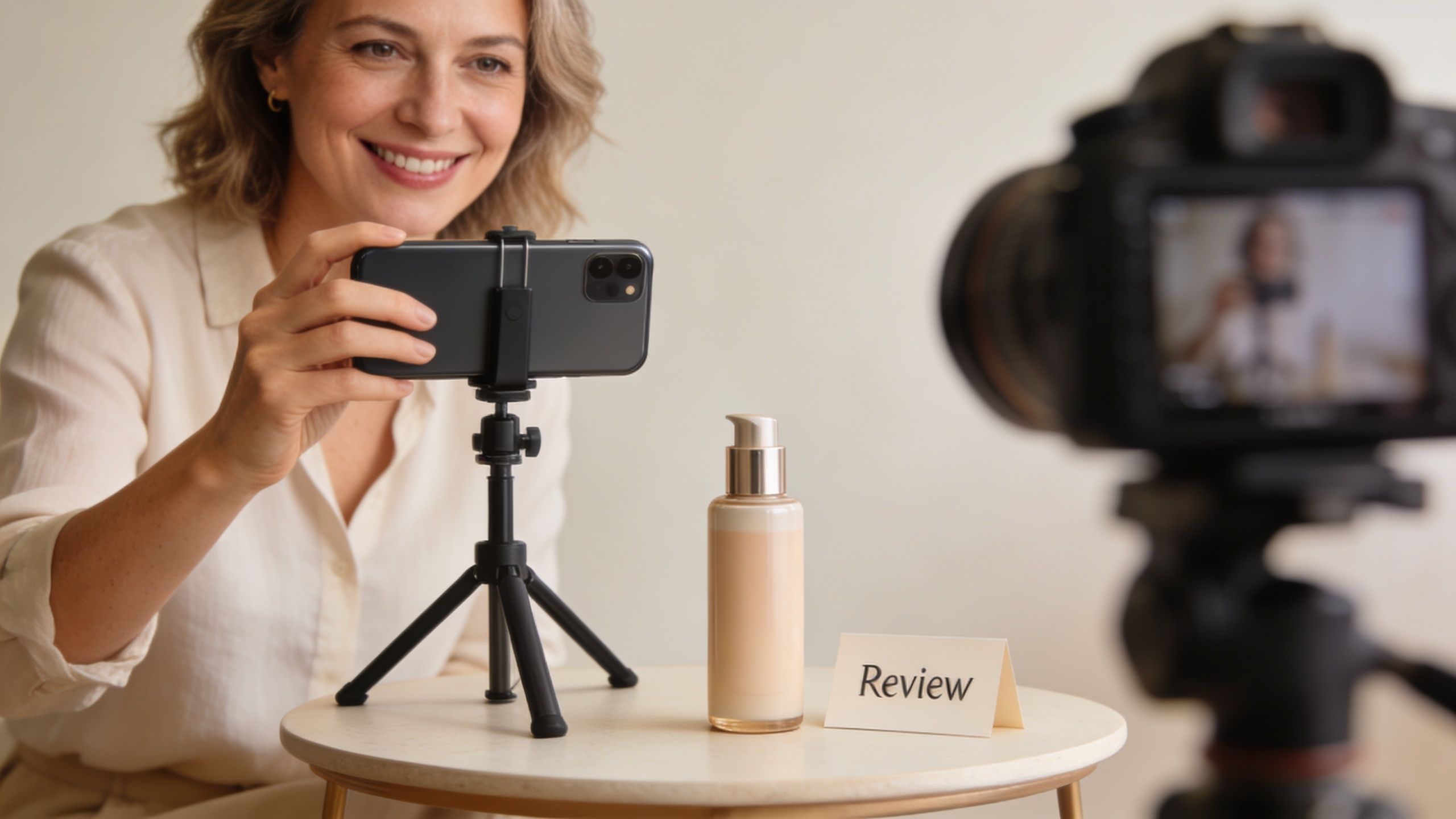 A smiling woman filming a product review of a cosmetic bottle using her smartphone on a tripod.