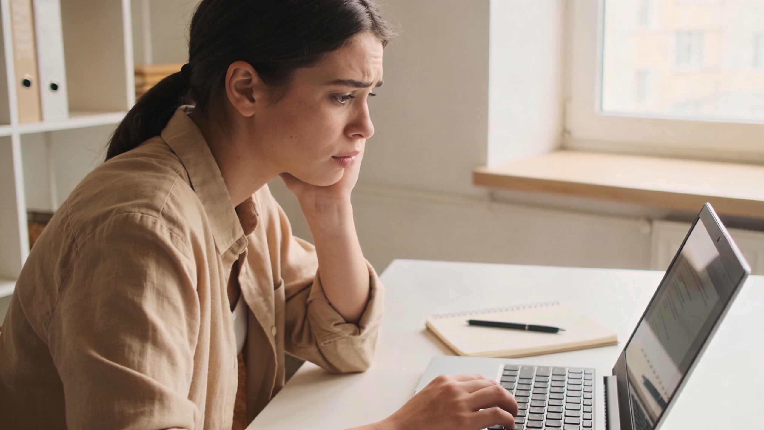 A concerned woman sitting at a desk and looking at her laptop screen in a home office.