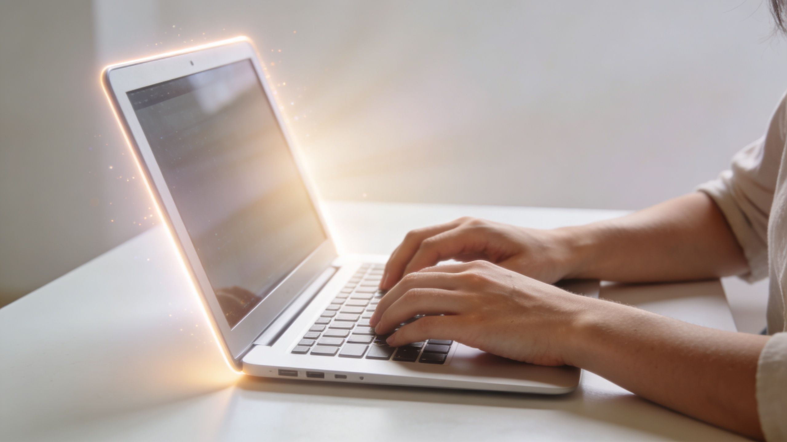 A close-up of a person typing on a silver laptop with glowing light effects around the screen.
