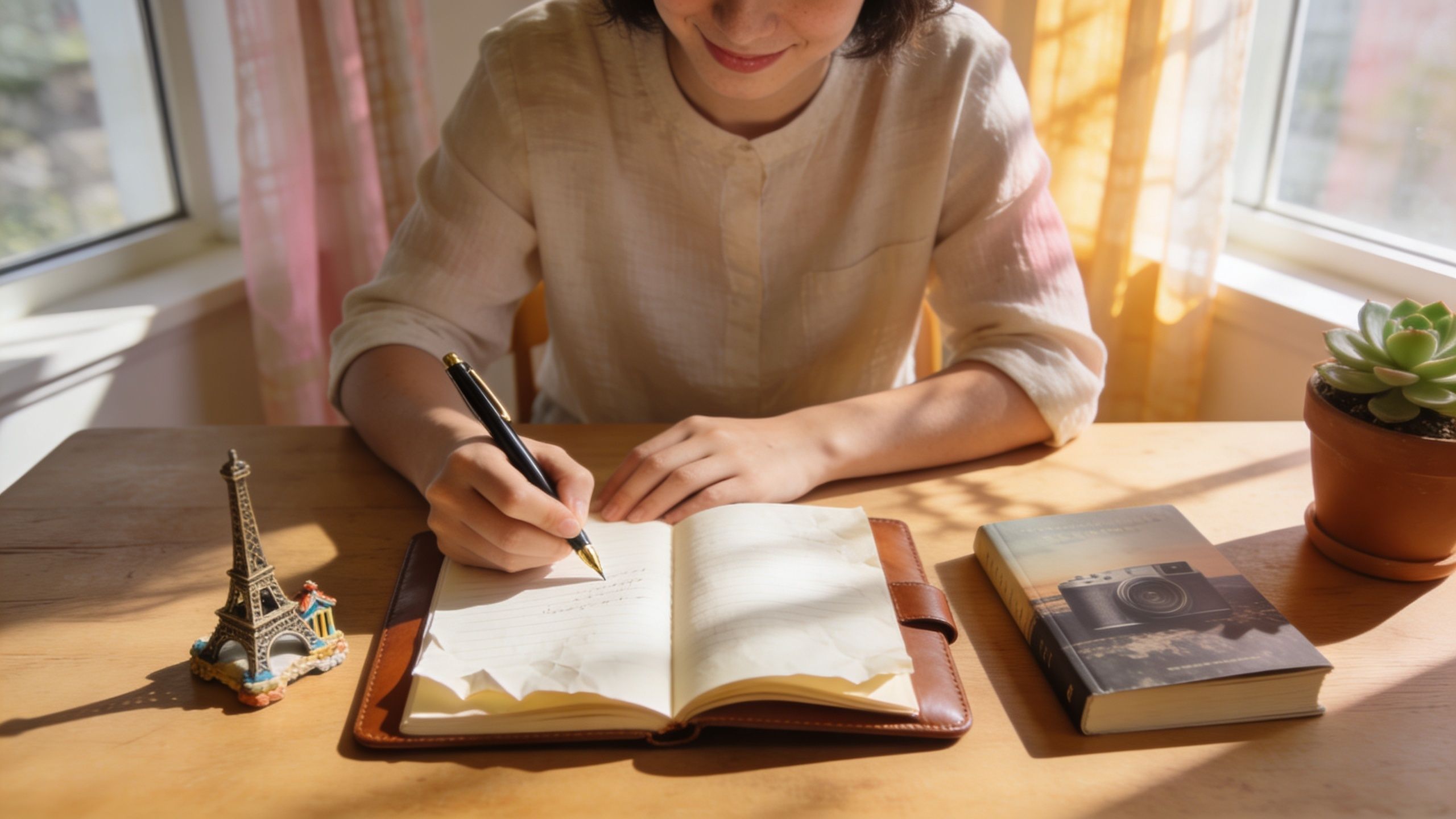 A young woman writing in a leather-bound journal at a wooden desk with a Paris souvenir.