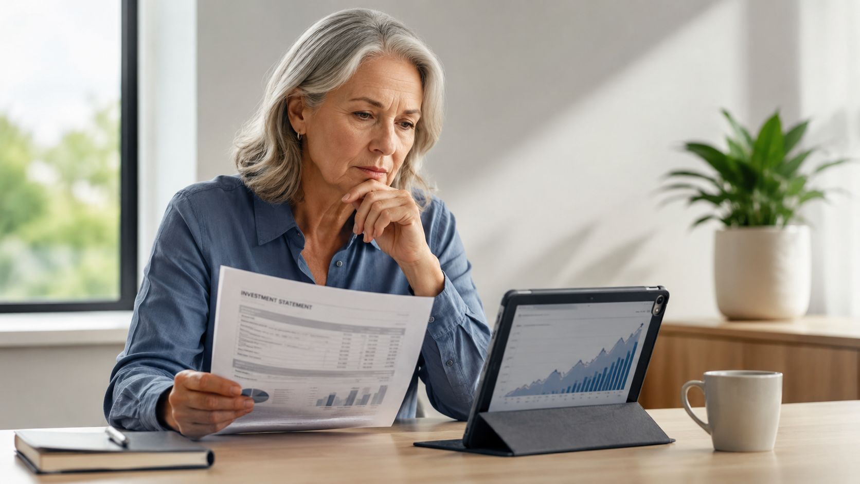 A focused middle-aged woman reviewing financial investment statements and charts on a digital tablet at her desk.