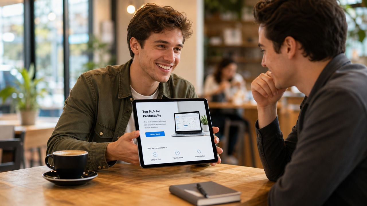 A man showing a productivity software landing page on a tablet to a friend in a cafe.