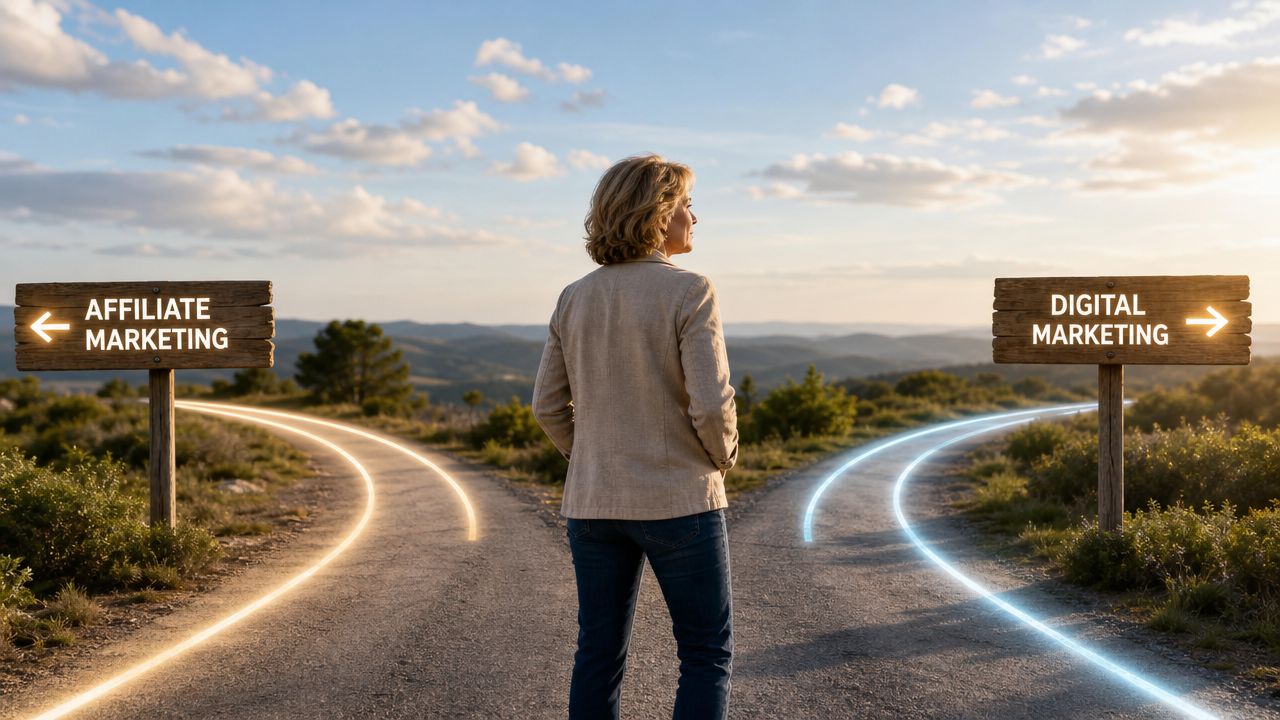 A woman stands at a fork in the road choosing between <a rel=
